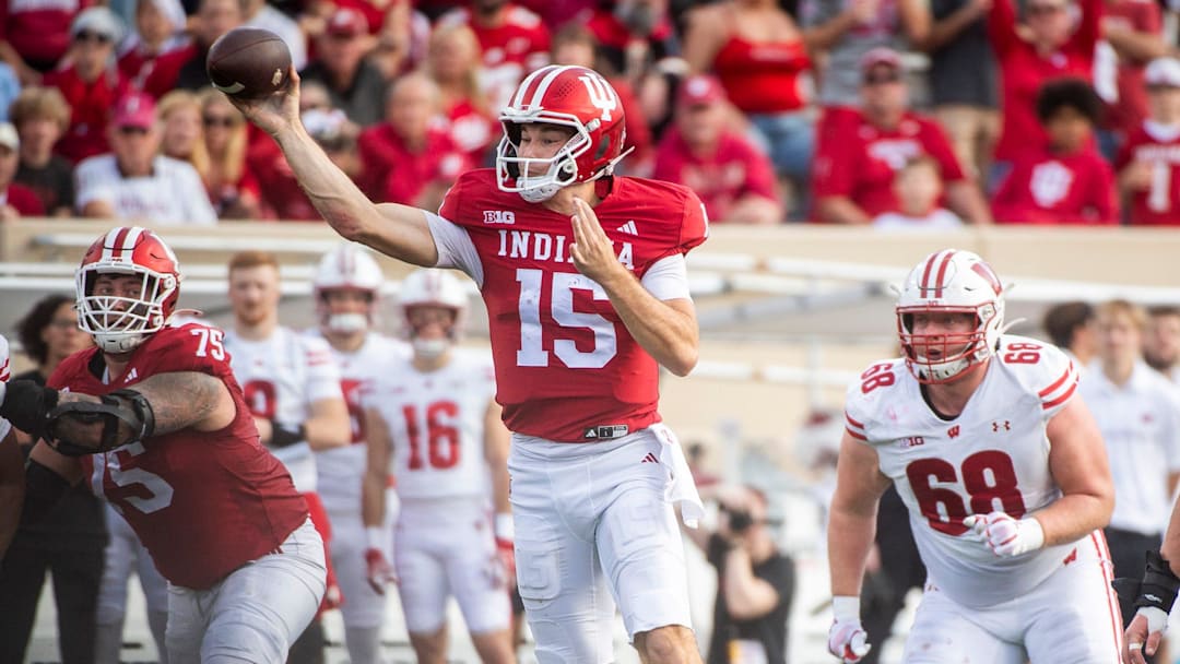 Indiana's Fernando Mendoza (15) passes during the Indiana versus Wisconsin football game at Memorial Stadium on Saturday, Nov. 15, 2025.