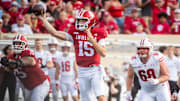 Indiana's Fernando Mendoza (15) passes during the Indiana versus Wisconsin football game at Memorial Stadium on Saturday, Nov. 15, 2025.
