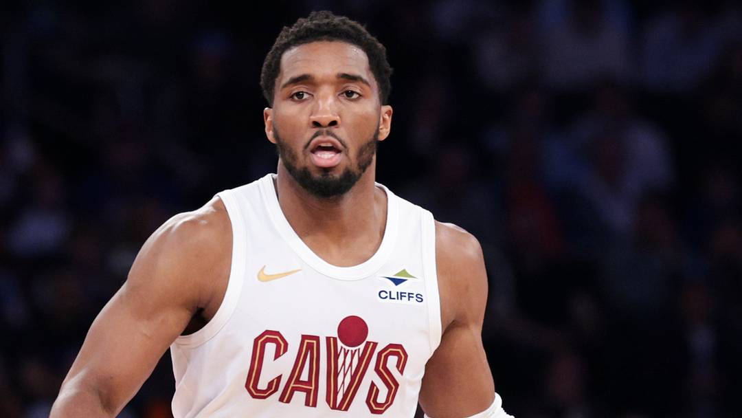 Cleveland Cavaliers guard Donovan Mitchell (45) looks on
