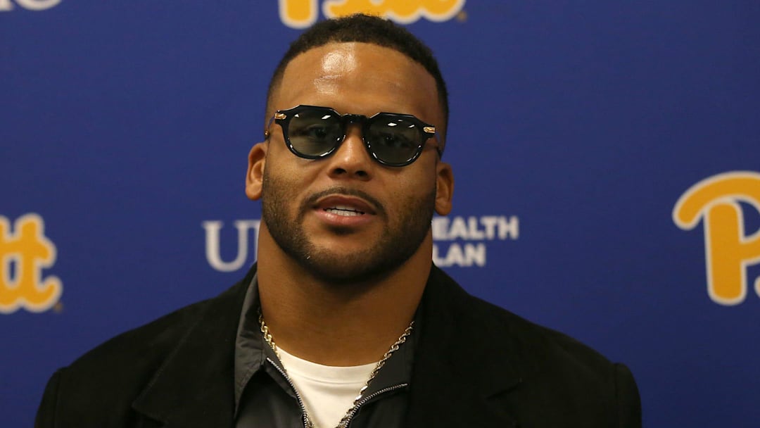 Former Pittsburgh Panther and retired NFL defensive tackle Aaron Donald speaks at a press conference prior to the start of the Pittsburgh Panthers vs Notre Dame Fighting Irish game at Acrisure Stadium in Pittsburgh, PA on November 15, 2025.