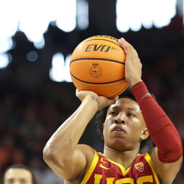 Dec 17, 2023; Auburn, Alabama, USA;  USC Trojans guard Boogie Ellis (5) shoots a free throw during the first half against the Auburn Tigers at Neville Arena. Mandatory Credit: John Reed-USA TODAY Sports