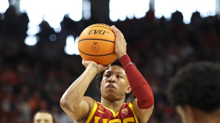 Dec 17, 2023; Auburn, Alabama, USA;  USC Trojans guard Boogie Ellis (5) shoots a free throw during the first half against the Auburn Tigers at Neville Arena. Mandatory Credit: John Reed-USA TODAY Sports