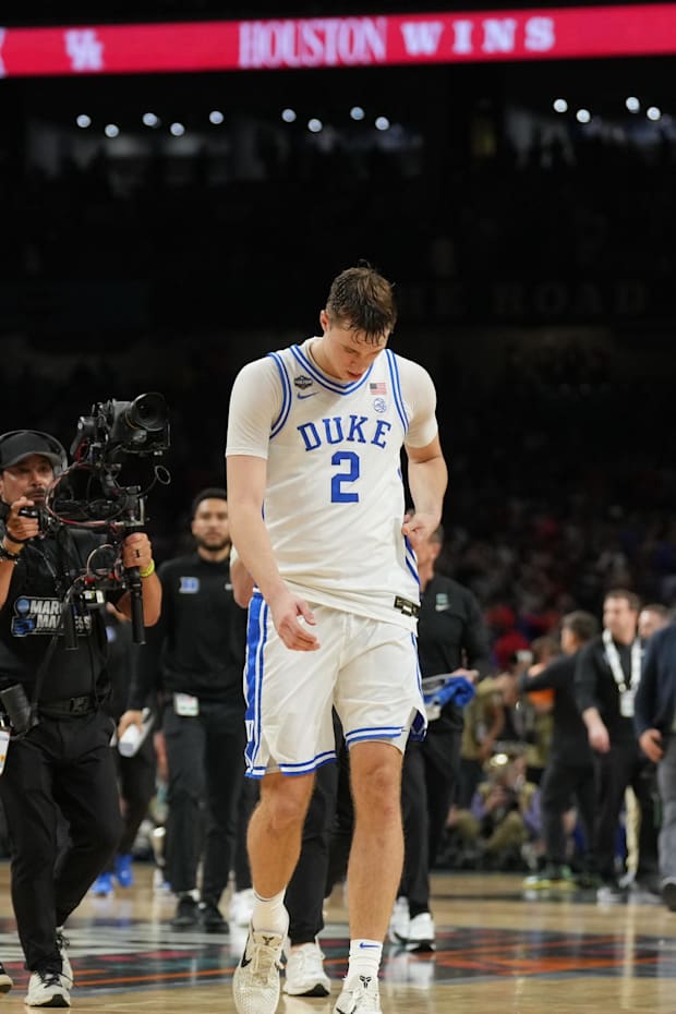 Duke Blue Devils forward Cooper Flagg reacts after losing to the Houston Cougars