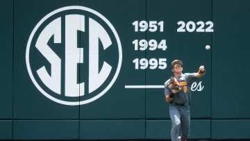 Tennessee's Dylan Dreiling (8) throws the ball to the infield during game two of the NCAA baseball tournament Knoxville Super Regional between Tennessee and Evansville held at Lindsey Nelson Stadium on Saturday, June 8, 2024.