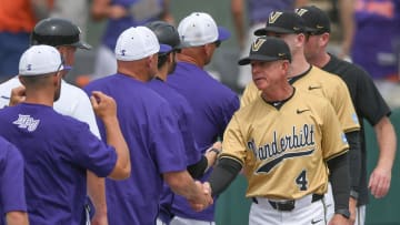 Jun 1, 2024; Clemson, South Carolina, USA; Vanderbilt Commodores head coach Tim Corbin shakes hands with High Point head coach Joey Hammond after the NCAA baseball Clemson Regional at Doug Kingsmore Stadium.  Mandatory Credit: Ken Ruinard-USA TODAY Sports