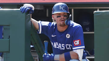 Sep 15, 2024; Pittsburgh, Pennsylvania, USA;  Kansas City Royals shortstop Bobby Witt Jr. (7) waits for his turn to bat on the dugout steps against the Pittsburgh Pirates during the fourth inning at PNC Park. Mandatory Credit: Charles LeClaire-Imagn Images