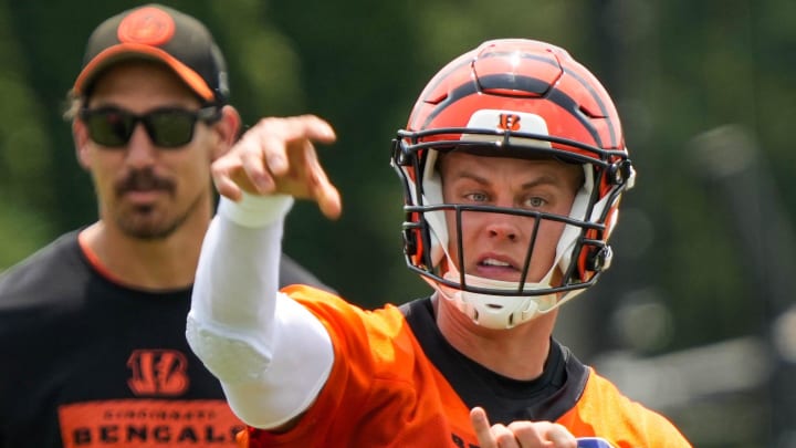 Bengals Joe Burrow launches a pass during the second day of Bengals training camp on Thursday July 25, 2024.