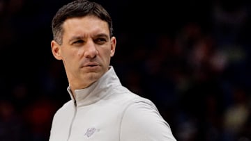 Nov 17, 2025; New Orleans, Louisiana, USA;  Oklahoma City Thunder Head Coach Mark Daigneault looks on against the New Orleans Pelicans during the first half at Smoothie King Center. Mandatory Credit: Stephen Lew-Imagn Images