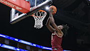 Nov 9, 2024; Houston, Texas, USA; Florida State Seminoles guard Jamir Watkins (1) shoots the ball during the first half against the Rice Owls at Toyota Center. Mandatory Credit: Troy Taormina-Imagn Images