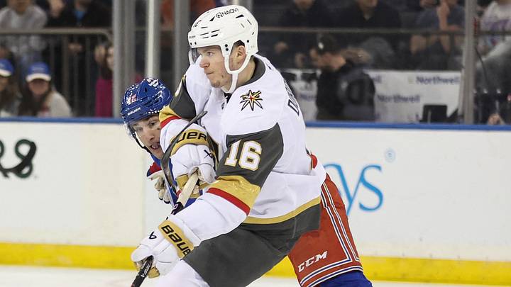 Dec 7, 2025; New York, New York, USA; New York Rangers center Noah Laba (42) and Vegas Golden Knights right wing Pavel Dorofeyev (16) battle for control of the puck in the first period at Madison Square Garden. Mandatory Credit: Wendell Cruz-Imagn Images Dec 7, 2025; New York, New York, USA; New York Rangers center Noah Laba (42) and Vegas Golden Knights right wing Pavel Dorofeyev (16) battle for control of the puck in the first period at Madison Square Garden. Mandatory Credit: Wendell Cruz-Imagn Images