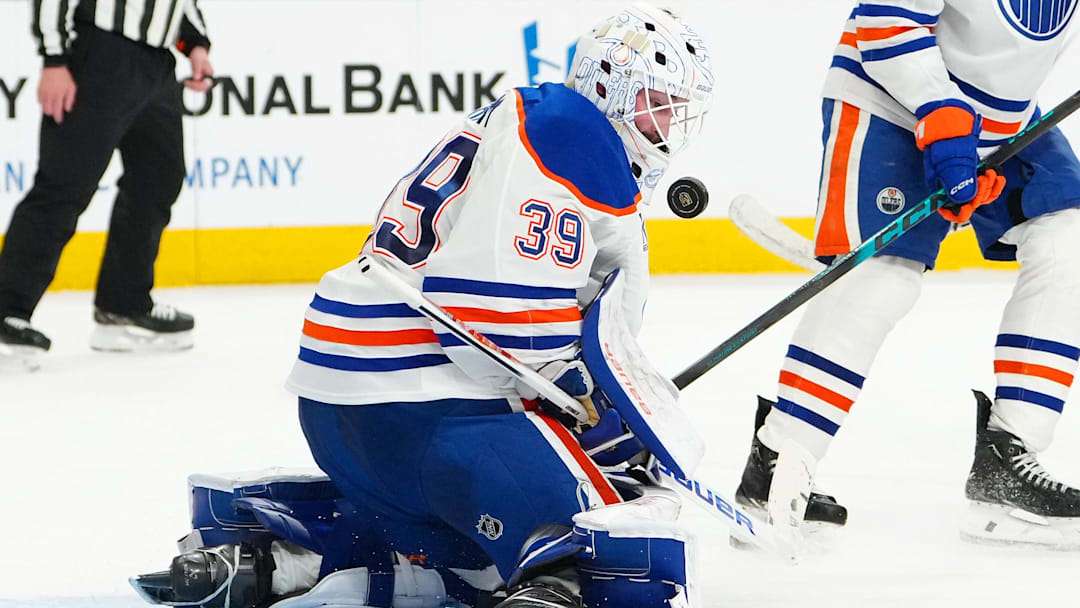 Mar 8, 2026; Las Vegas, Nevada, USA; Edmonton Oilers goaltender Connor Ingram (39) makes a save against the Vegas Golden Knights during the third period at T-Mobile Arena. Mandatory Credit: Stephen R. Sylvanie-Imagn Images