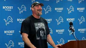 Detroit Lions head coach Dan Campbell talks with reporters about the third day of OTAs Thursday, May 25, 2023. Near the end of the press conference Campbell had fun taking a few questions about his t-shirt with GM Brad Holmes on the front.