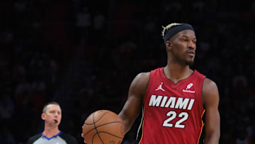 Jan 21, 2025; Miami, Florida, USA; Miami Heat forward Jimmy Butler (22) dribbles the basketball against the Portland Trail Blazers during the second quarter at Kaseya Center. Mandatory Credit: Sam Navarro-Imagn Images