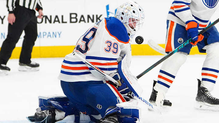 Mar 8, 2026; Las Vegas, Nevada, USA; Edmonton Oilers goaltender Connor Ingram (39) makes a save against the Vegas Golden Knights during the third period at T-Mobile Arena. Mandatory Credit: Stephen R. Sylvanie-Imagn Images