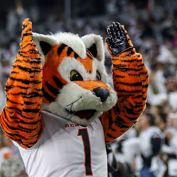 Sep 29, 2022; Cincinnati, Ohio, USA; The Cincinnati Bengals mascot, Who Dey, reacts after a touchdown scored against the Miami Dolphins in the first half at Paycor Stadium. Mandatory Credit: Katie Stratman-Imagn Images