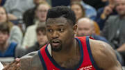 Mar 19, 2025; Minneapolis, Minnesota, USA; New Orleans Pelicans forward Zion Williamson (1) drives to the basket past Minnesota Timberwolves center Naz Reid (11) in the second half at Target Center. Mandatory Credit: Jesse Johnson-Imagn Images