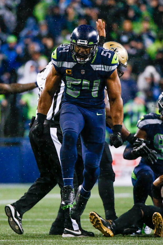 Seattle Seahawks middle linebacker Bobby Wagner celebrates following a sack against the New Orleans Saints