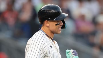 Jun 18, 2024; Bronx, New York, USA; New York Yankees center fielder Aaron Judge (99) reacts after being hit by a pitch during the third inning against the Baltimore Orioles at Yankee Stadium. Mandatory Credit: Vincent Carchietta-USA TODAY Sports