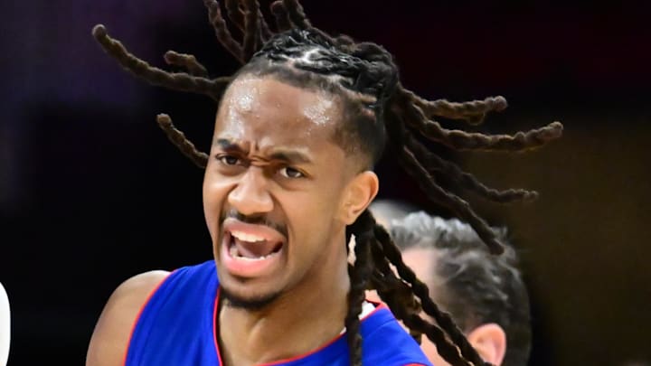 Jan 4, 2026; Cleveland, Ohio, USA; Detroit Pistons guard Ausar Thompson (9) and guard Daniss Jenkins (24): Ken Blaze-Imagn Images