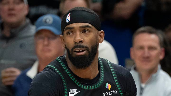 Apr 30, 2026; Minneapolis, Minnesota, USA; Minnesota Timberwolves guard Mike Conley (10) dribbles the ball against the Denver Nuggets in the first half during game six of the first round of the 2026 NBA Playoffs at Target Center. Mandatory Credit: Jesse Johnson-Imagn Images