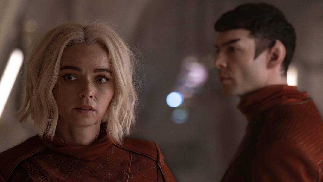 L to R Jess Bush as Chapel and Ethan Peck as Spock in season 3 , Episode 1 of Strange New Worlds streaming on Paramount+. Photo Credit: Marni GrossmanParamount+