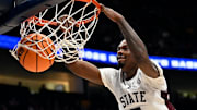 Mississippi State guard Shawn Jones Jr. (5) dunks the ball against LSU during a NCAA college basketball first round game at the men’s Southeastern Conference Tournament Wednesday, March 12, 2025, in Nashville, Tenn.