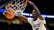 Mississippi State guard Shawn Jones Jr. (5) dunks the ball against LSU during a NCAA college basketball first round game at the men’s Southeastern Conference Tournament Wednesday, March 12, 2025, in Nashville, Tenn.