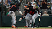 Jun 6, 2025; West Sacramento, California, USA; Baltimore Orioles second baseman Jackson Holliday (7) and catcher Adley Rutschman (35) celebrate Holliday’s solo home run against the Athletics during the fifth inning at Sutter Health Park.