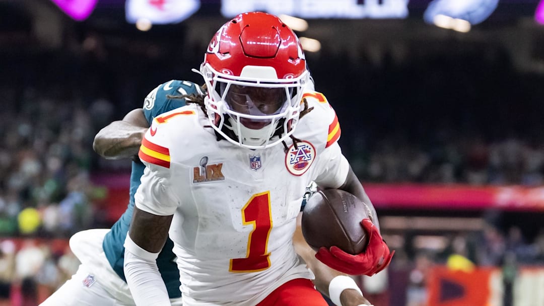 Feb 9, 2025; New Orleans, LA, USA;  Kansas City Chiefs wide receiver Xavier Worthy (1) against the Philadelphia Eagles in Super Bowl LIX at Ceasars Superdome. Mandatory Credit: Mark J. Rebilas-Imagn Images