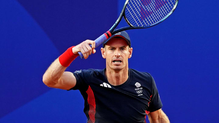 Jul 28, 2024; Paris, France; Andy Murray (GBR) plays against Taro Daniel (JPN) and Kei Nishikori (JPN) in the men’s tennis doubles first round during the Paris 2024 Olympic Summer Games at Stade Roland Garros. 