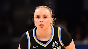 May 29, 2025; Chicago, Illinois, USA; Chicago Sky guard Hailey Van Lith (2) is seen during the first half against the Dallas Wings at the Wintrust Arena. Mandatory Credit: Patrick Gorski-Imagn Images