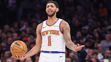 Jan 25, 2025; New York, New York, USA;  New York Knicks guard Cameron Payne (1) reacts after being called for a foul in the second quarter against the Sacramento Kings at Madison Square Garden. Mandatory Credit: Wendell Cruz-Imagn Images