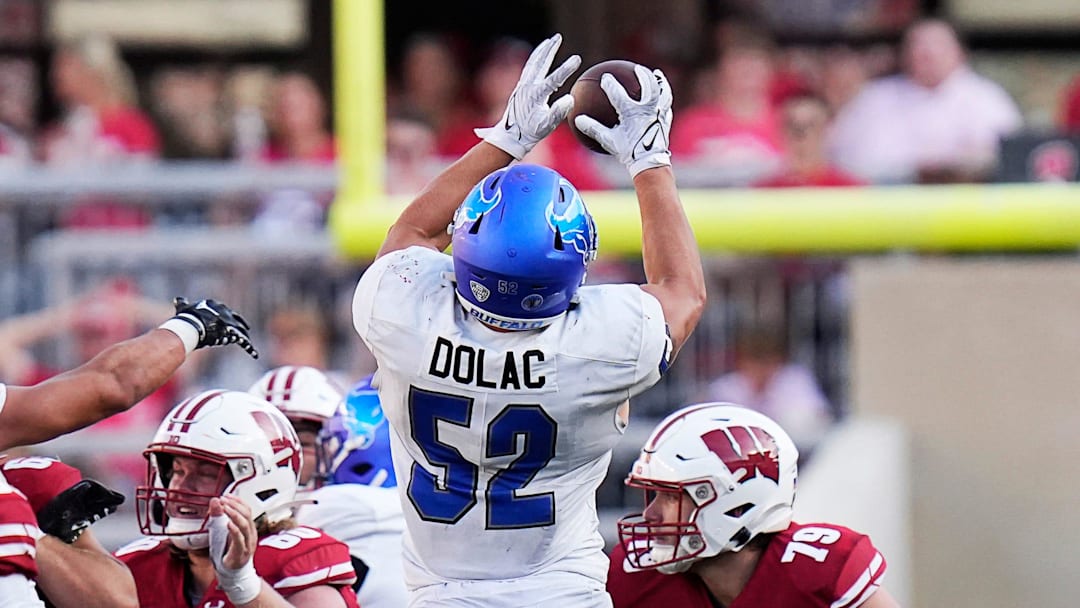 Buffalo linebacker Shaun Dolac (52) intercepts the ball during the fourth quarter of the game on Saturday September 2, 2023 at Camp Randall Stadium in Madison, Wis.