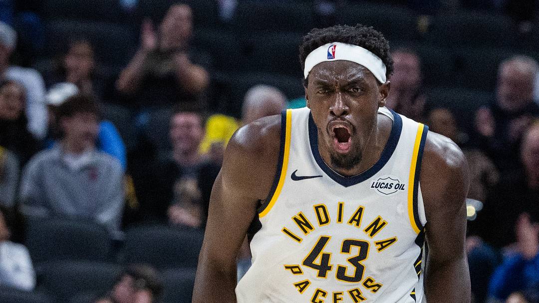 Oct 16, 2026; Indianapolis, Indiana, USA;  Indiana Pacers forward Pascal Siakam (43) celebrates a made shot in the first half against the Milwaukee Bucks at Gainbridge Fieldhouse.  Mandatory Credit: Trevor Ruszkowski-Imagn Images