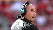 Mississippi State Bulldogs coach Zach Arnett looks on during the first quarter against the Arkansas Razorbacks at Razorback Stadium in Fayetteville, Ark.