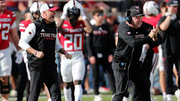 Texas Tech football coach Joey McGuire, left, and associate head coach Kenny Perry against Oklahoma State in a Big 12 game Saturday, Oct. 25, 2025, at Jones AT&T Stadium.