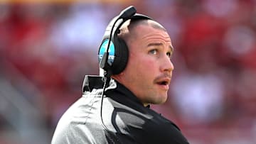 Mississippi State Bulldogs coach Zach Arnett looks on during the first quarter against the Arkansas Razorbacks at Razorback Stadium in Fayetteville, Ark.