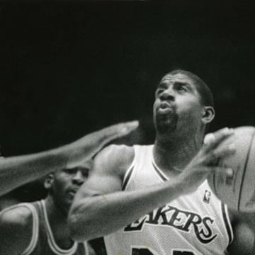 Unknown date; Los Angeles,USA: FILE PHOTO; Los Angeles Lakers guard Magic Ervin Johnson (32) in action against the Chicago Bulls guard Michael Jordan (23) at The Forum. Mandatory Credit: Malcolm Emmons- Imagn Images