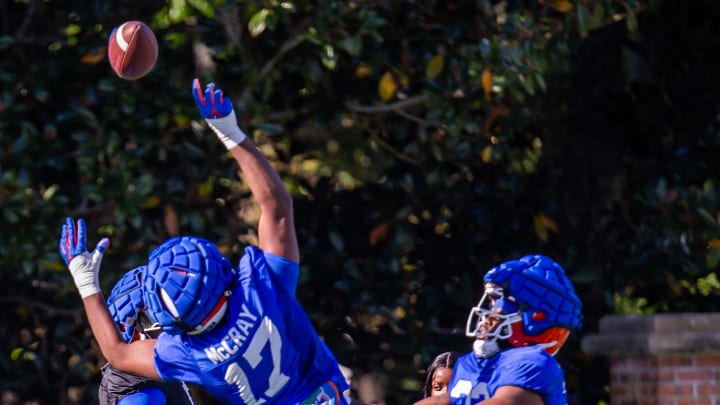 Florida Gators edge rusher LJ McCray (17) runs a drill during University of Florida Gators    Spring football practice at Sanders Practice Fields in Gainesville, FL on Tuesday, March 19, 2024. [Doug Engle/Gainesville Sun]
