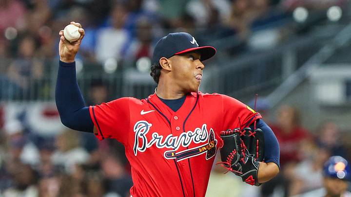 Jul 3, 2026; Cumberland, Georgia, USA; Atlanta Braves pitcher Didier Fuentes (72) throws a pitch against the New York Mets during the sixth inning at Truist Park. Mandatory Credit: Jordan Godfree-Imagn Images