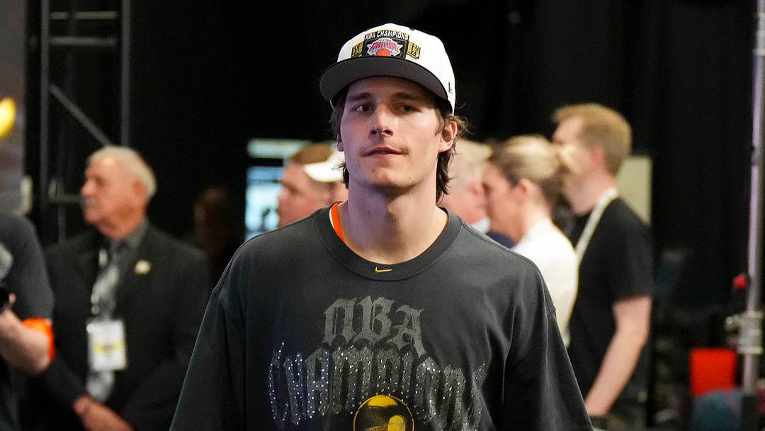 New York Knicks guard Tyler Kolek (13) walks off the court after the Knicks defeat the San Antonio Spurs during game five of the 2026 NBA Finals at Frost Bank Center.