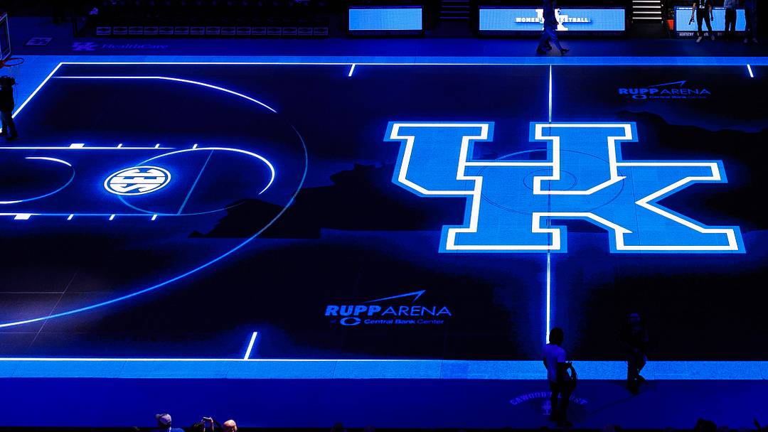 Oct 11, 2024; Lexington, KY, USA; The ASB GlassFloor is used as a light up court during Big Blue Madness at Rupp Arena at Central Bank Center. Mandatory Credit: Jordan Prather-Imagn Images Oct 11, 2024; Lexington, KY, USA; The ASB GlassFloor is used as a light up court during Big Blue Madness at Rupp Arena at Central Bank Center. Mandatory Credit: Jordan Prather-Imagn Images