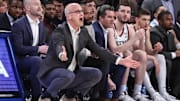 Dec 14, 2024; New York, New York, USA; Connecticut Huskies head coach Dan Hurley reacts to a call in the first half against the Gonzaga Bulldogs at Madison Square Garden. Mandatory Credit: Wendell Cruz-Imagn Images