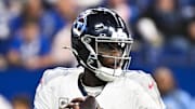 Tennessee Titans quarterback Cam Ward warms up before the game against the Indianapolis Colts.
