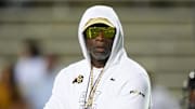 Sep 20, 2025; Boulder, Colorado, USA; Colorado Buffaloes head coach Deion Sanders before the game against the Wyoming Cowboys at Folsom Field. Mandatory Credit: Ron Chenoy-Imagn Images