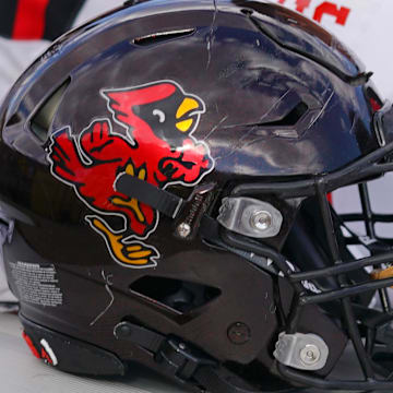 Sep 18, 2021; Laramie, Wyoming, USA; A general view of a Ball State Cardinals helmet during game against the Wyoming Cowboys at Jonah Field at War Memorial Stadium. Mandatory Credit: Troy Babbitt-Imagn Images
