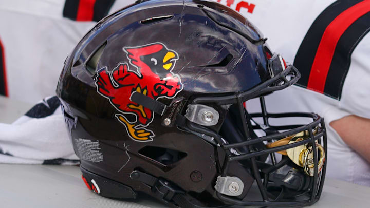 Sep 18, 2021; Laramie, Wyoming, USA; A general view of a Ball State Cardinals helmet during game against the Wyoming Cowboys at Jonah Field at War Memorial Stadium. Mandatory Credit: Troy Babbitt-Imagn Images Sep 18, 2021; Laramie, Wyoming, USA; A general view of a Ball State Cardinals helmet during game against the Wyoming Cowboys at Jonah Field at War Memorial Stadium. Mandatory Credit: Troy Babbitt-Imagn Images