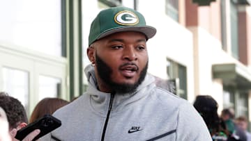 Green Bay Packers guard Elgton Jenkins speaks to media on April 11, 2023, outside Lambeau Field before the start of the team's annual Tailgate Tour.

Gpg Tailgatetour 041123 Sk25