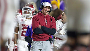 Nov 30, 2024; Baton Rouge, Louisiana, USA;  Oklahoma Sooners head coach Brent Venables looks on against the LSU Tigers during the fourth quarter at Tiger Stadium. Mandatory Credit: Stephen Lew-Imagn Images