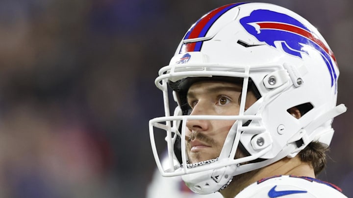 Sep 29, 2024; Baltimore, Maryland, USA; Buffalo Bills quarterback Josh Allen (17) looks on from the bench. Sep 29, 2024; Baltimore, Maryland, USA; Buffalo Bills quarterback Josh Allen (17) looks on from the bench.